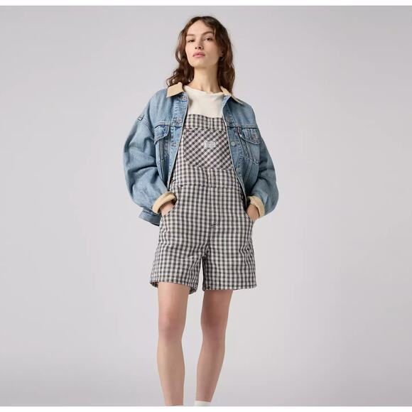 Levi's Utility Shortalls Milo Plaid Brown Overall Short Small Cotton Twill Fall - Picture 1 of 11